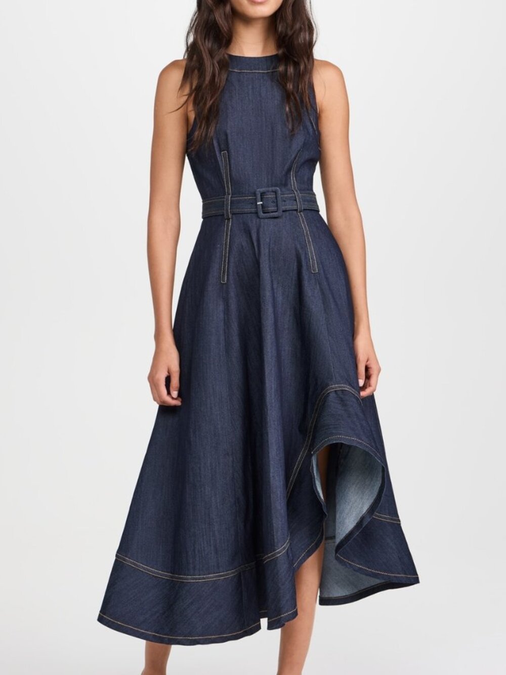 Cinq à Sept Zelda Belted Asymmetric Sleeveless Denim Midi Dress